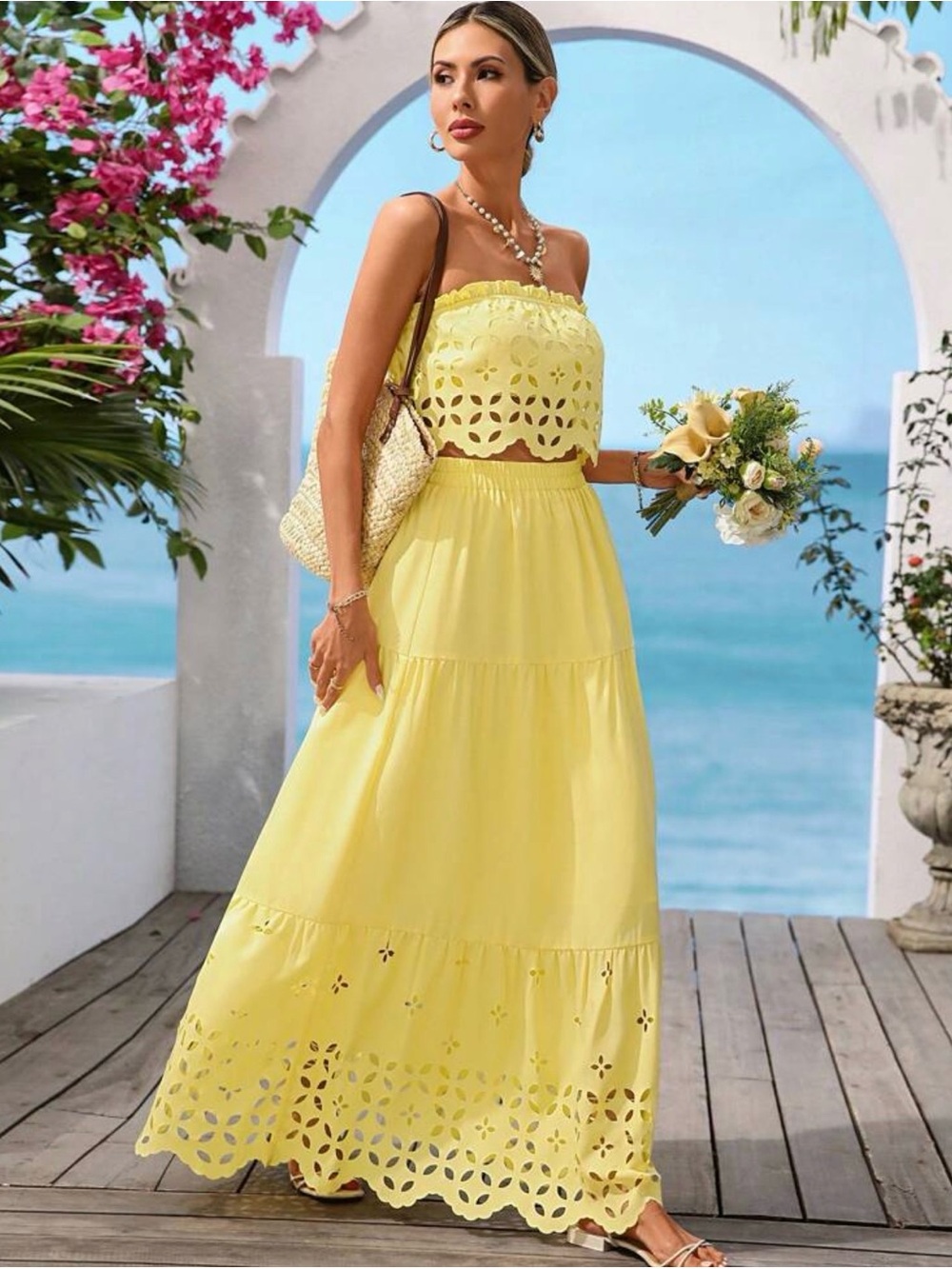 Yellow Eyelet Maxi Skirt Set- Women Skirt set